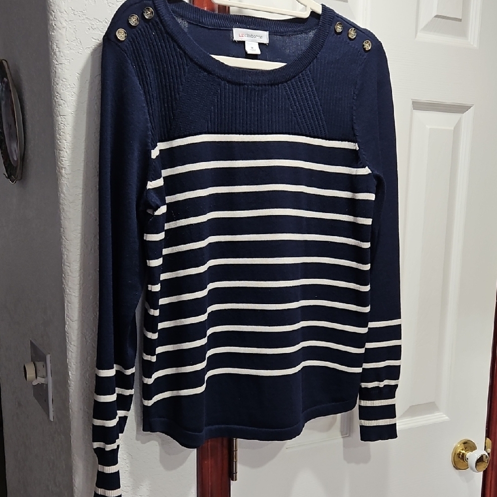 Liz Claiborne Navy and White Striped Button-Shoulder Sweater